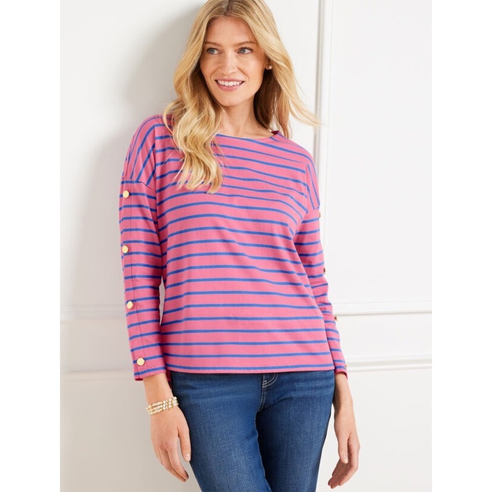 Talbots Women's Size Small Button Sleeve Crewneck Tee Pink Blue Stripes Cotton
